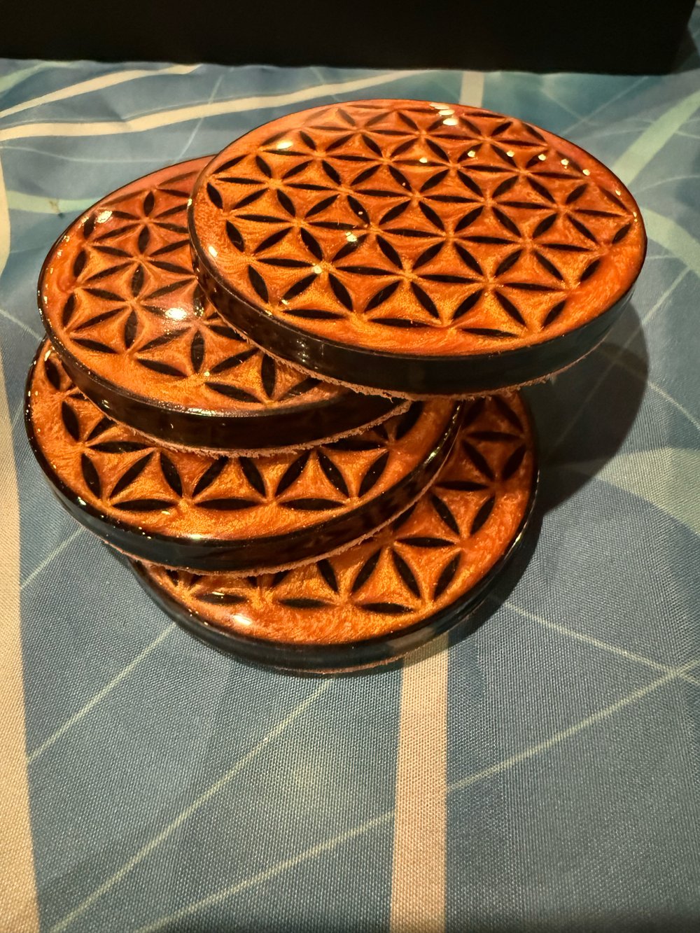 Image of Gold and Black Flower of Life Coasters | Resin Art | Sacred Geometry | Drink Coasters