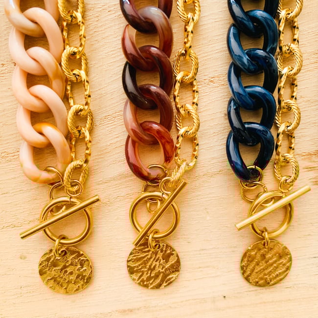 TONI | Collier chaîne grosse maille acrylique & acier inox doré