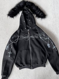 Image 4 of Winter Fashion Streetwear Women's Gothic Punk Faux Fur Hooded Jacket With Cross Print Trendy Edgy Zi