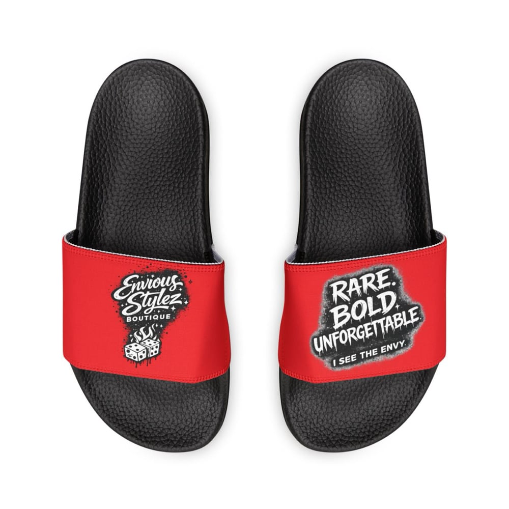 Image of Women's Slide Sandals — Red Removable-Strap Slides with 'Rare, Bold, Unforgettable' Graphic