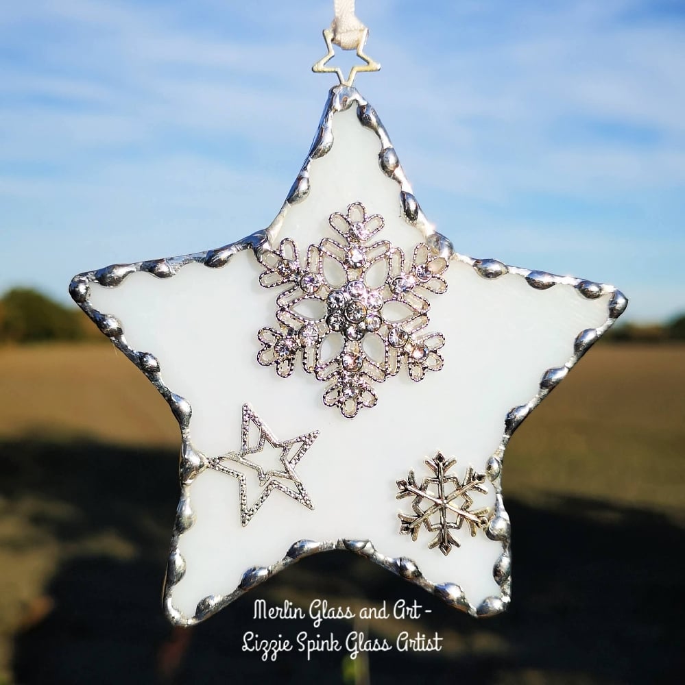 Image of Stained Glass Iridescent White Snowflake star 