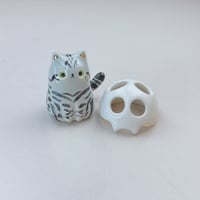 Image 1 of Gray Tabby Cat With Skull Mask Ceramic Figurine