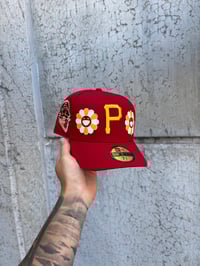 Image 1 of YELLOW ON RED PITTSBURGH PIRATES CUSTOM FITTED CAP