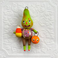 Image 1 of `Pear Headed Goblin with Candy Corn and Jack O' Lantern