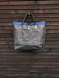 Image 3 of Waxed canvas roll to close top tote bag with luggage handle attachment leather handles and shoul