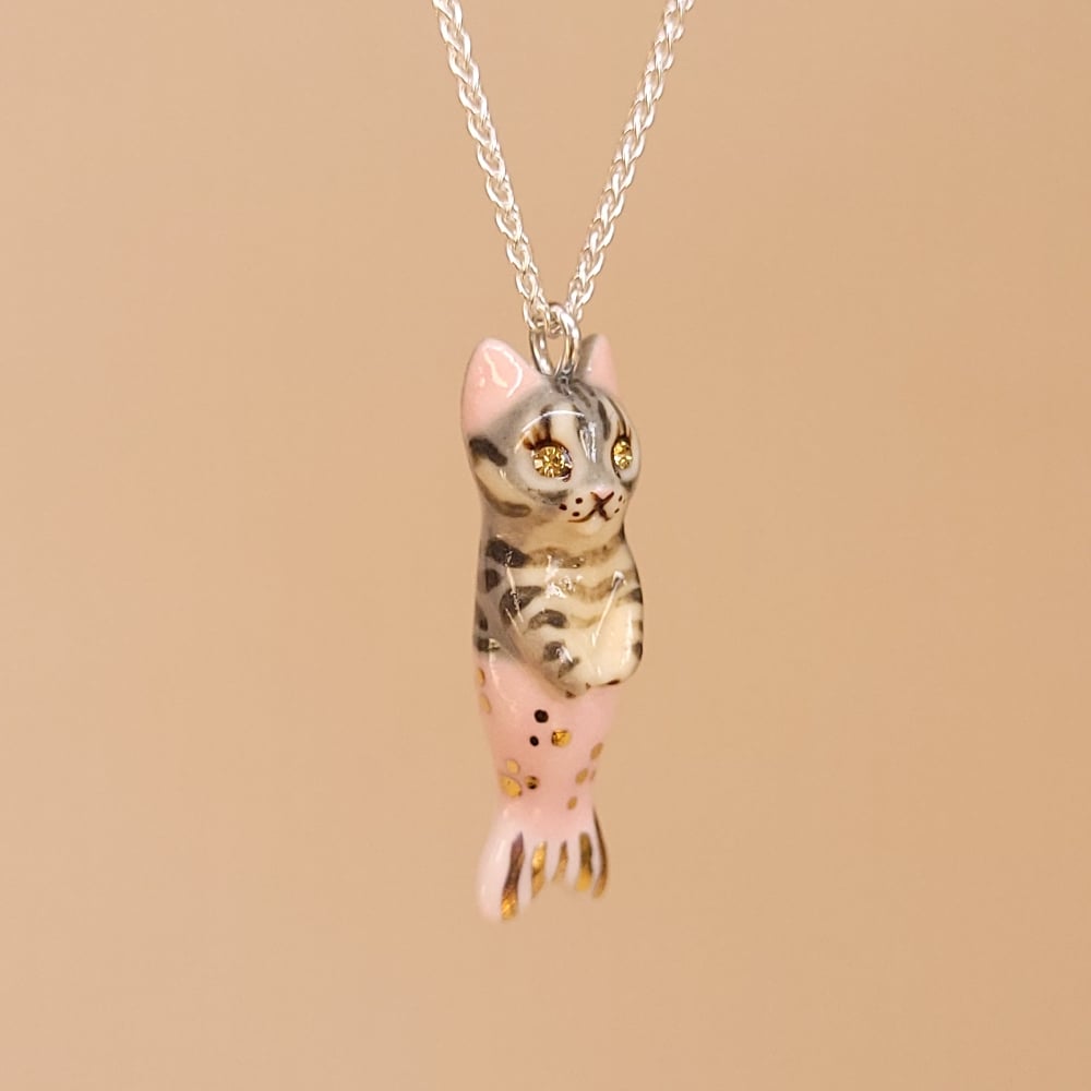 Image of Grey Tabby Purrkitten Porcelain & Sterling Silver Pendant