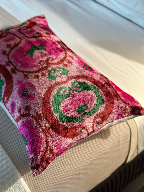 Image of Pink and Green Ikat Velvet Cushion 