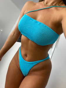 Image of Neon Blue Asymmetric Strap Bandeau Bikini 