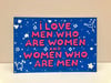 "i love men who are women and women who are men" postcard