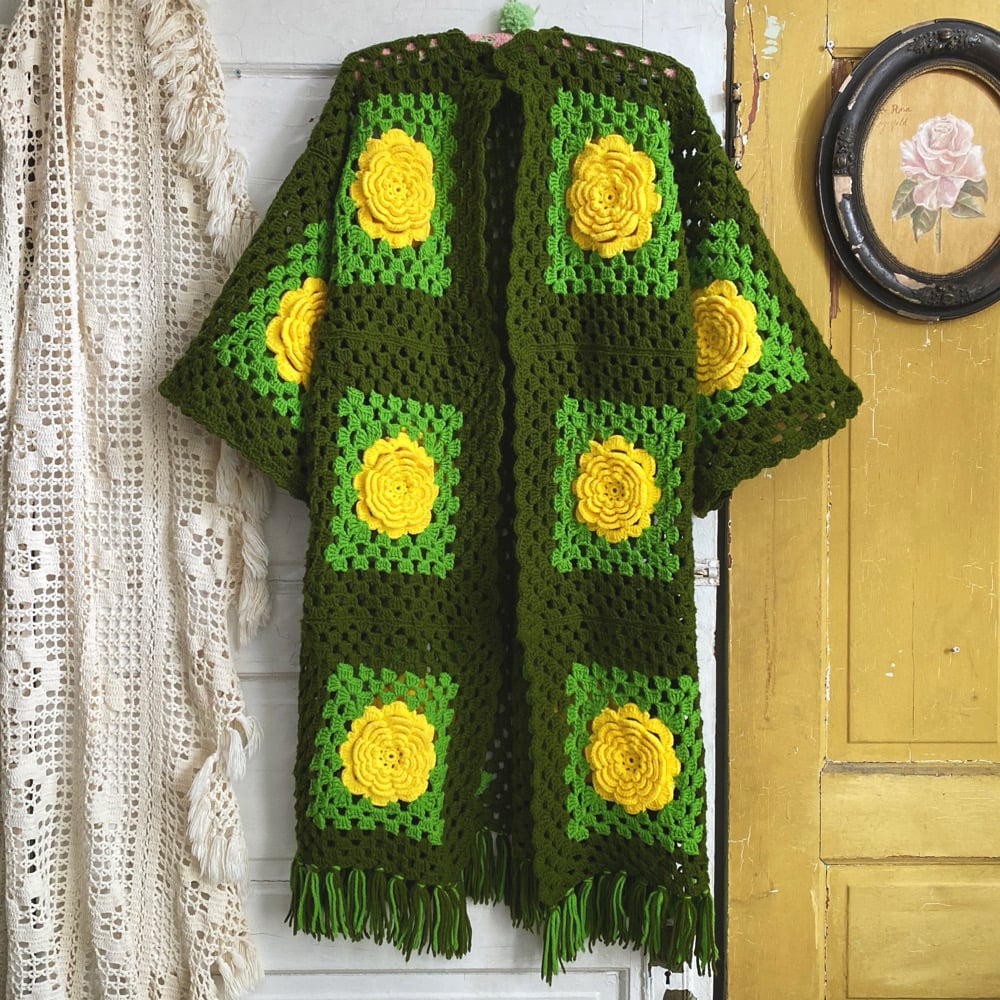 Image of Chrysanthemum-on-Green Granny Sweater