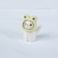 Image 2 of white cat with frog hat ceramic figurine