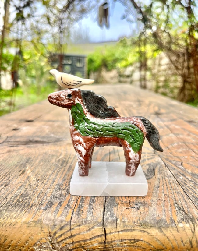 GREEN HORSE AND BIRD SCULPTURE