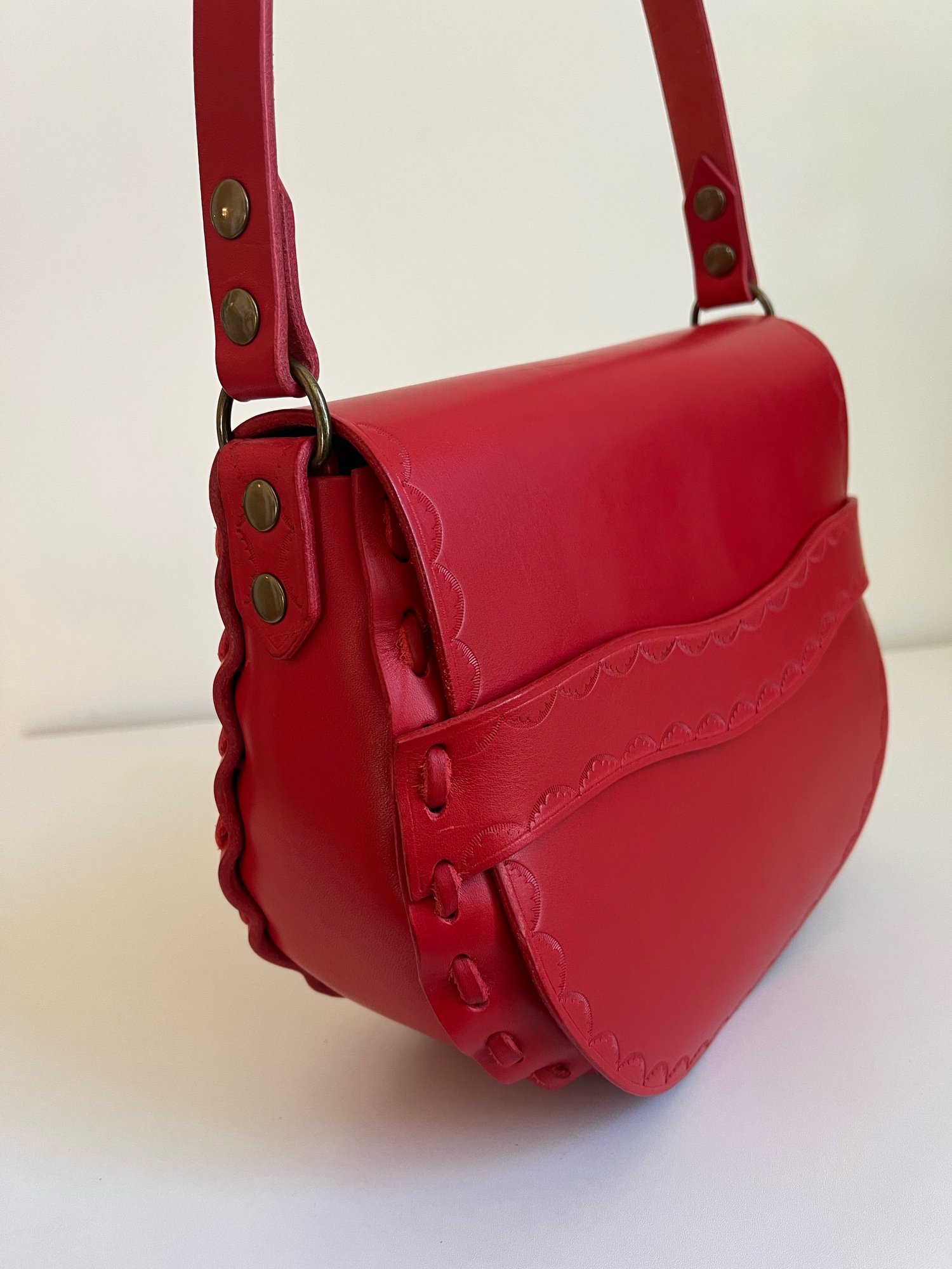 Image of Candy Apple Red Vachetta Crossbody Saddle Bag