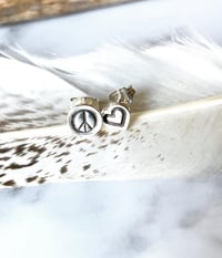 Image 1 of Handmade Mismatched Peace And Love Heart Sterling Silver Stud Earrings 925