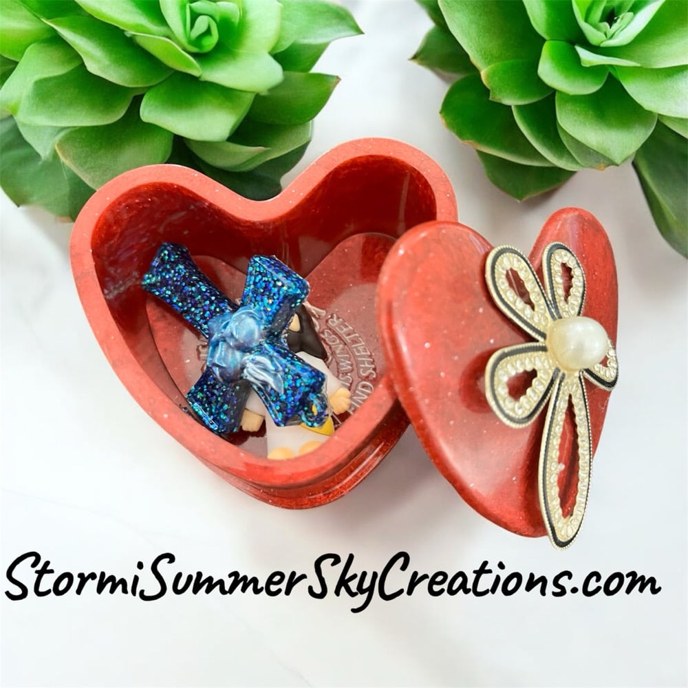 Image of Red heart shaped with Golden cross prayer/trinket box