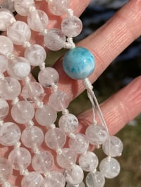 Image 1 of Included Crystal Quartz Mala with Larimar Guru Bead, Crystal Quartz 108 Bead Japa Mala Hand Knotted 