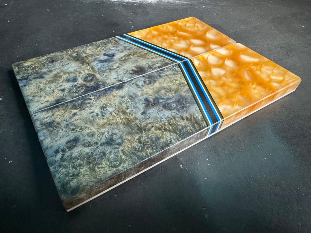Image of @Kaoticartworks 3-D Resin & Blue Amboyna Burl GLOW Segmented Knife Scales