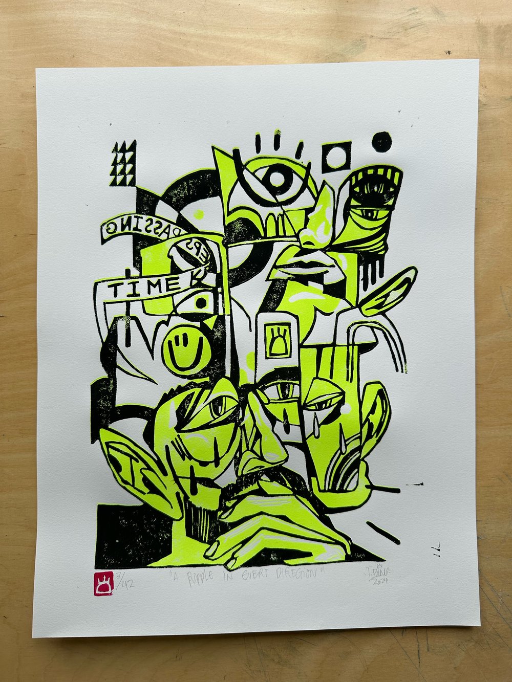 Image of “A Ripple in Every Direction” reductive linocut print