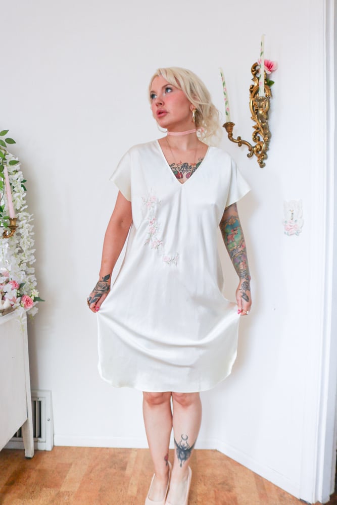 Image of Y2K Secret Treasures Fairy Silky Gown with Pastel Floral Embroidery  (Large)