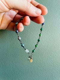 Image 3 of peacock pearl and emerald bracelet w rose gold charm