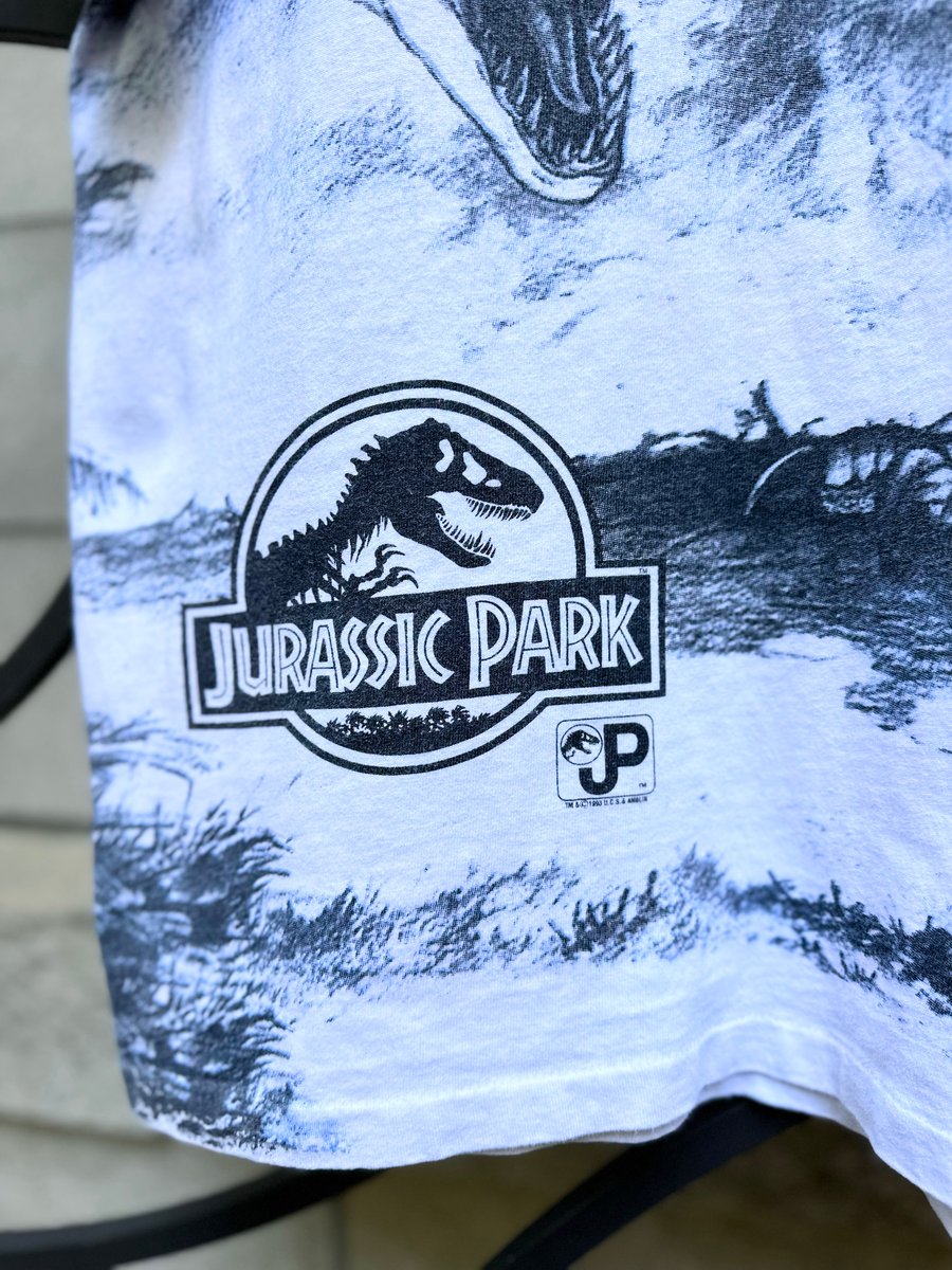 Image of 1993 Vintage “JURASSIC PARK” All-Over-Print Single-Stitched Movie Promo Tee, SIZE: XL