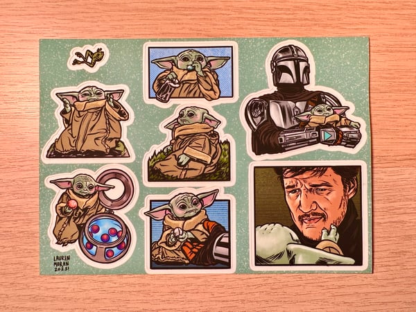 Image of Grogu and Mando sticker sheet