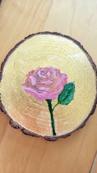 Image 1 of Rose on Leafed Raw Wood Slice