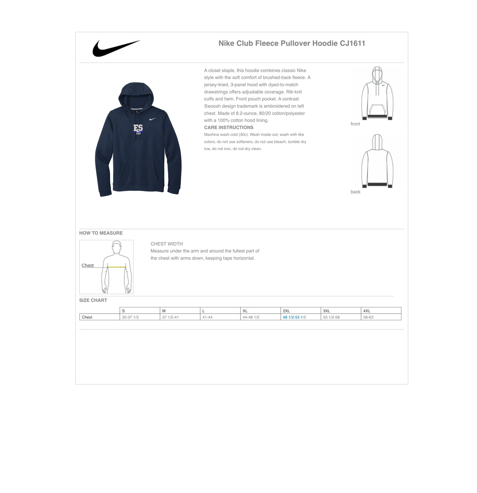 Nike pullover discount hoodie size chart