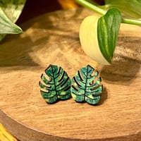 Image 1 of Wood Monstera Earrings - various colors 