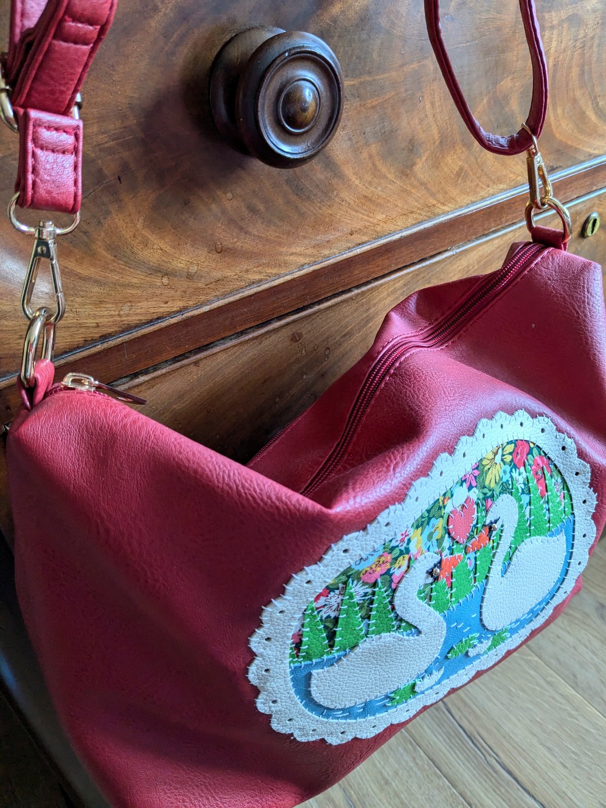 Image of Red Upcycled Swan Lake Crossbody Bag