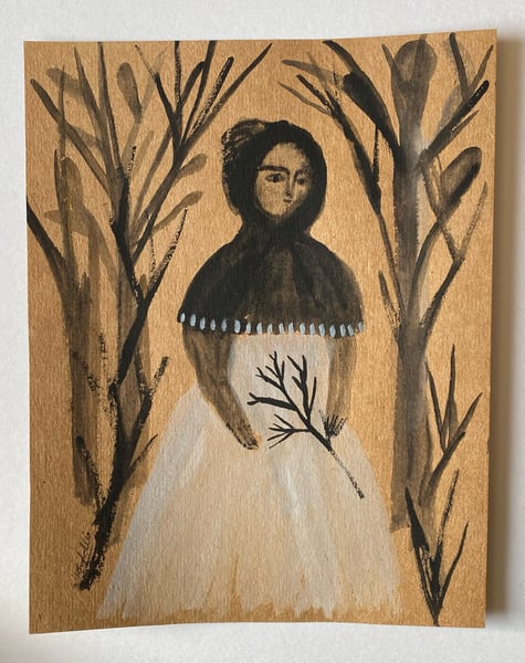 Image of 8. Original work on brown paper (figure between trees)