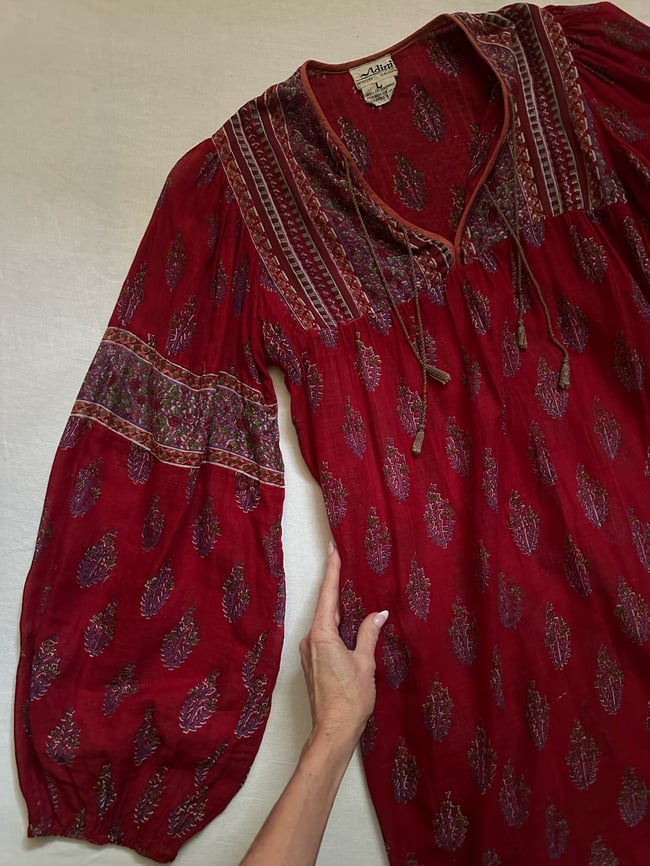 early 1970s Adini indian gauze scarlet poet sleeve dress