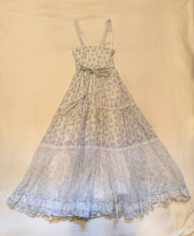 70s Gunne Sax lace up prairie corset sun dress 11 medium small calico white 