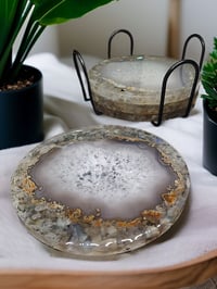 Image 3 of Set of 4 Agate & Moonstone Healing Crystal Resin Coasters With Holder 'The Curiosity'