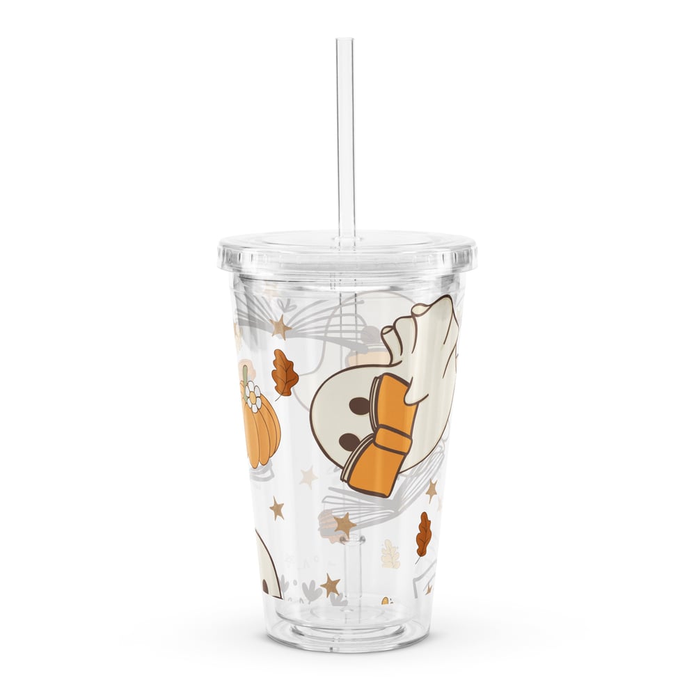 Image of Autumn reading ghosts Clear plastic tumbler