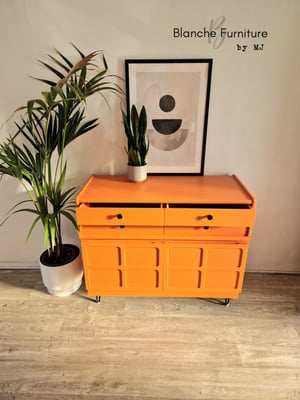 Image of Gorgeous Nathan Sideboard in a Vibrant Orange on Black Hairpin legs with Matching handles 