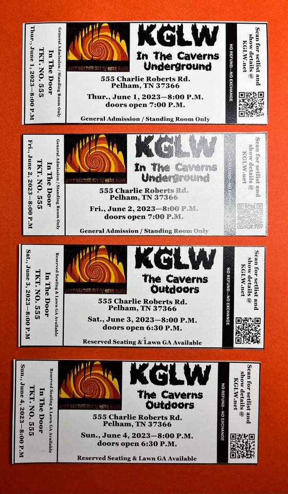 Image of KGLW @ the caverns tickets stubs 