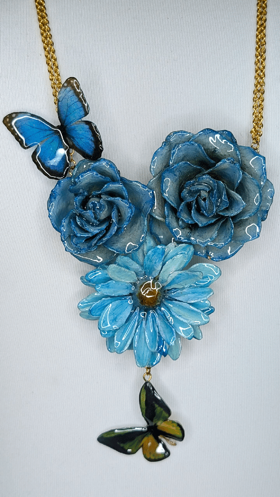 Image of OOAK Blue Rose & Art Butterfly Necklace 