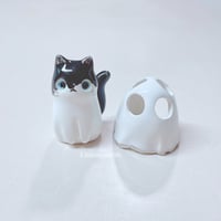 Image 1 of Black And White Cat With Ghost Mask Ceramic Figurine 4 (white gold version)