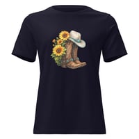 Image 2 of Women's Relaxed T-Shirt, Turquoise Sunflower Cowgirl Boots Tee
