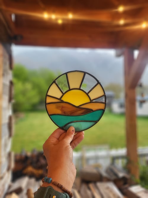 Image of Mountain/Ocean sunset mini panel- stained glass