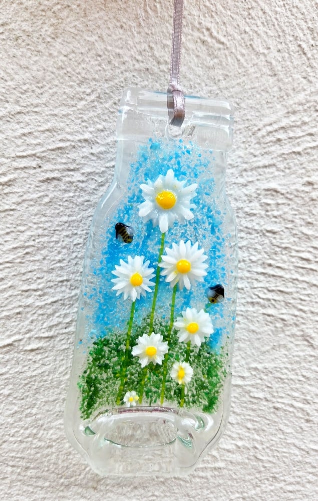 Image of Recycled ♻️ Fused glass bottle with Daisies and Bees