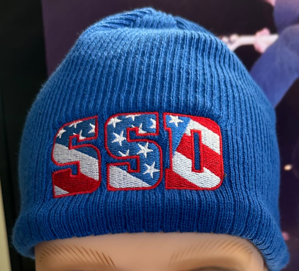 Blue New Era SSD Democracy Knit Beanie with Rear “Vote Blue” logo