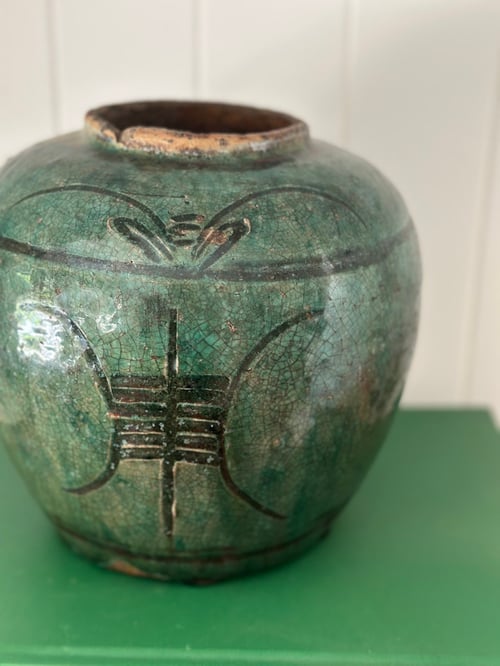 Image of Antique Chinese Calligraphy Jar  Dark Green