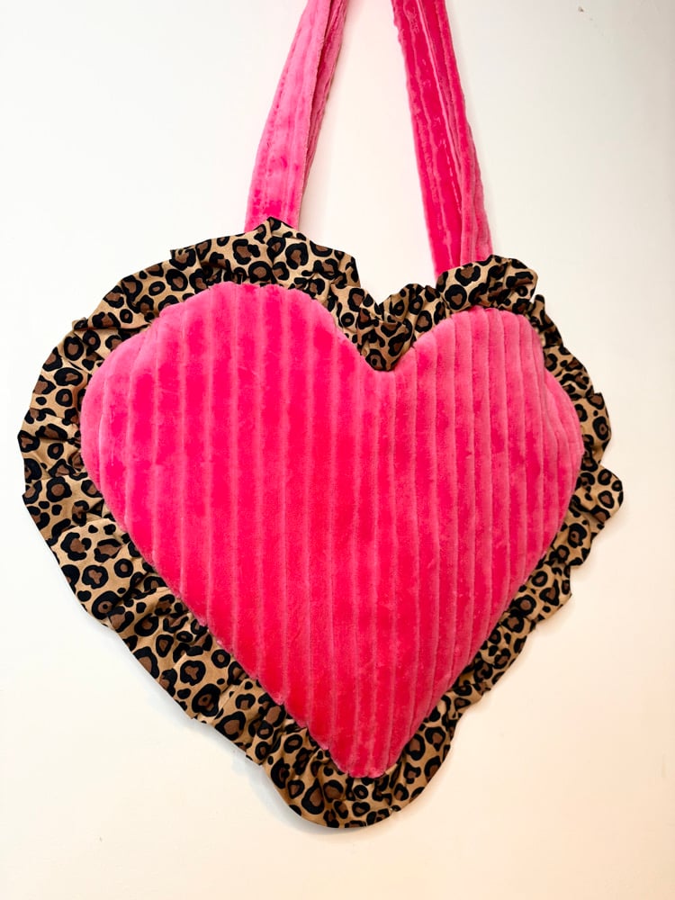 Image of Pink Leopard Faux Fur Heart Bag with Ruffle Trim