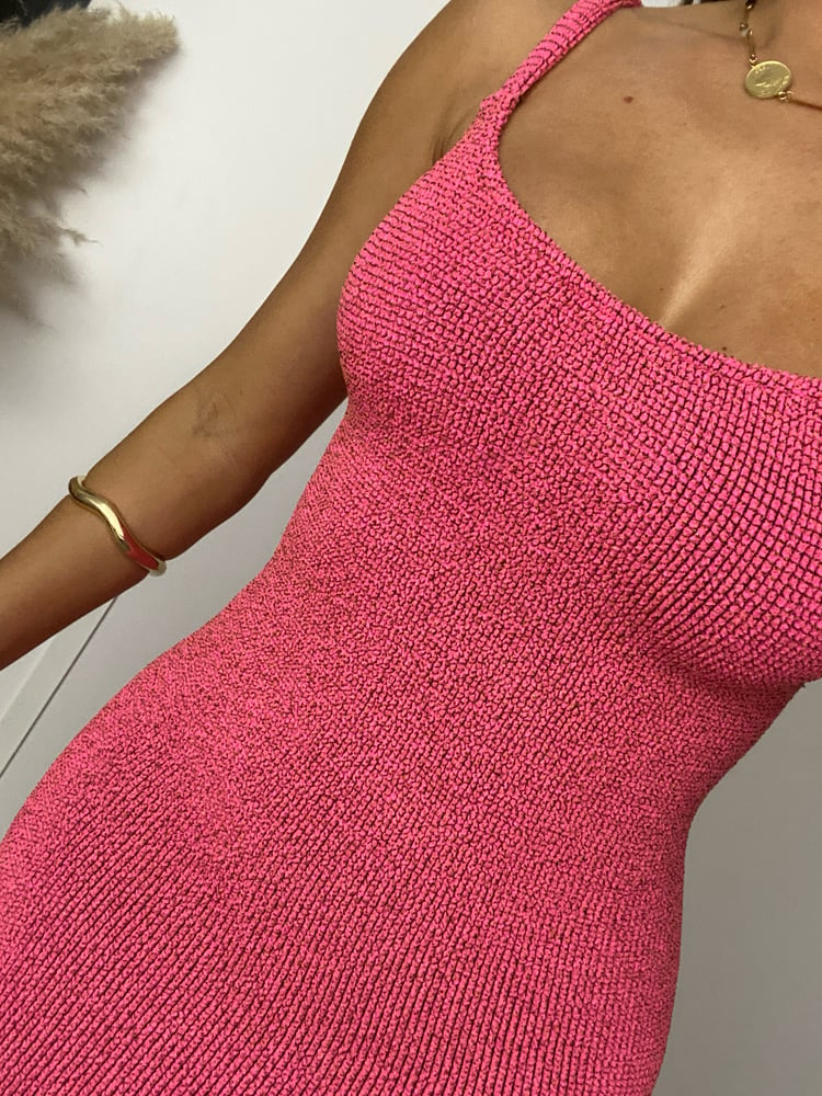 Image of Square Neck Crinkle Mini Dress In Flamingo Pink 