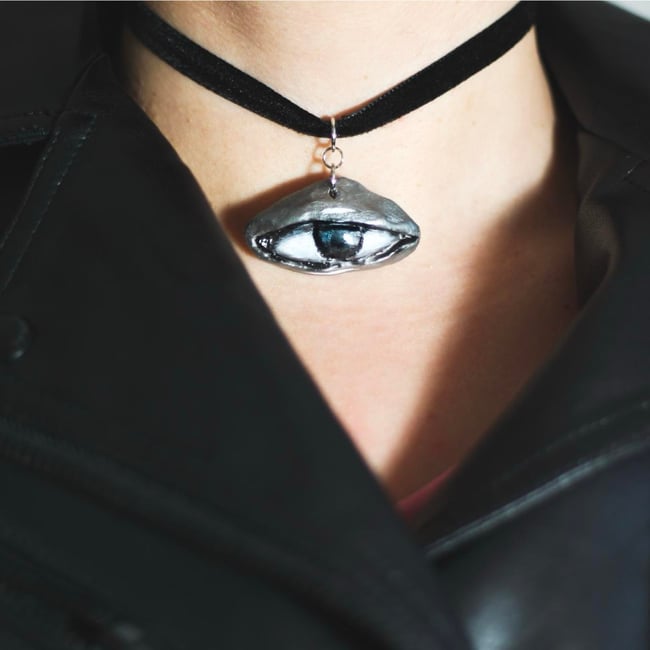✩ WHIMSYGOTH VELVET CHOKER ♡ Sculpted Black + Silver Eye ✩₊˚