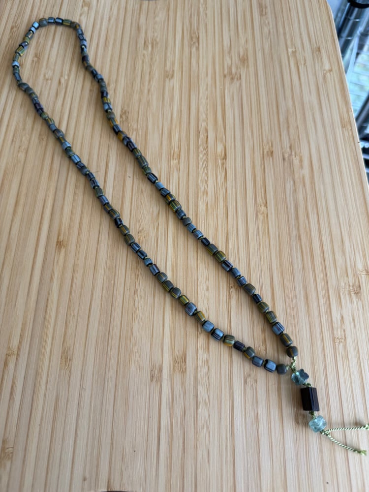 Image of Green-Blue Indonesian Gooseberry Glass Beaded Necklace with Fluorite & Tourmaline Talisman