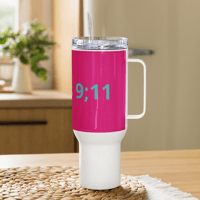 Image 1 of Travel mug with a handle (Psalms 9;11 Teal with Hot Pink)