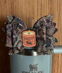 Image 1 of Glitter Cheeta Print Tumbler Straw Topper Bow with Motivational Candle Charm